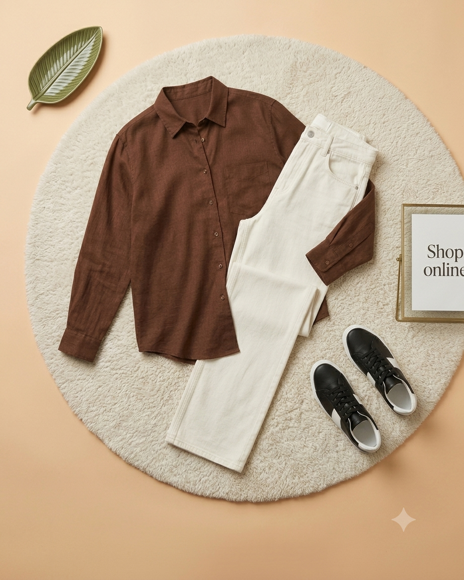 BROWN BUTTON SHIRT WITH WHITE WIDE LEG JEANS