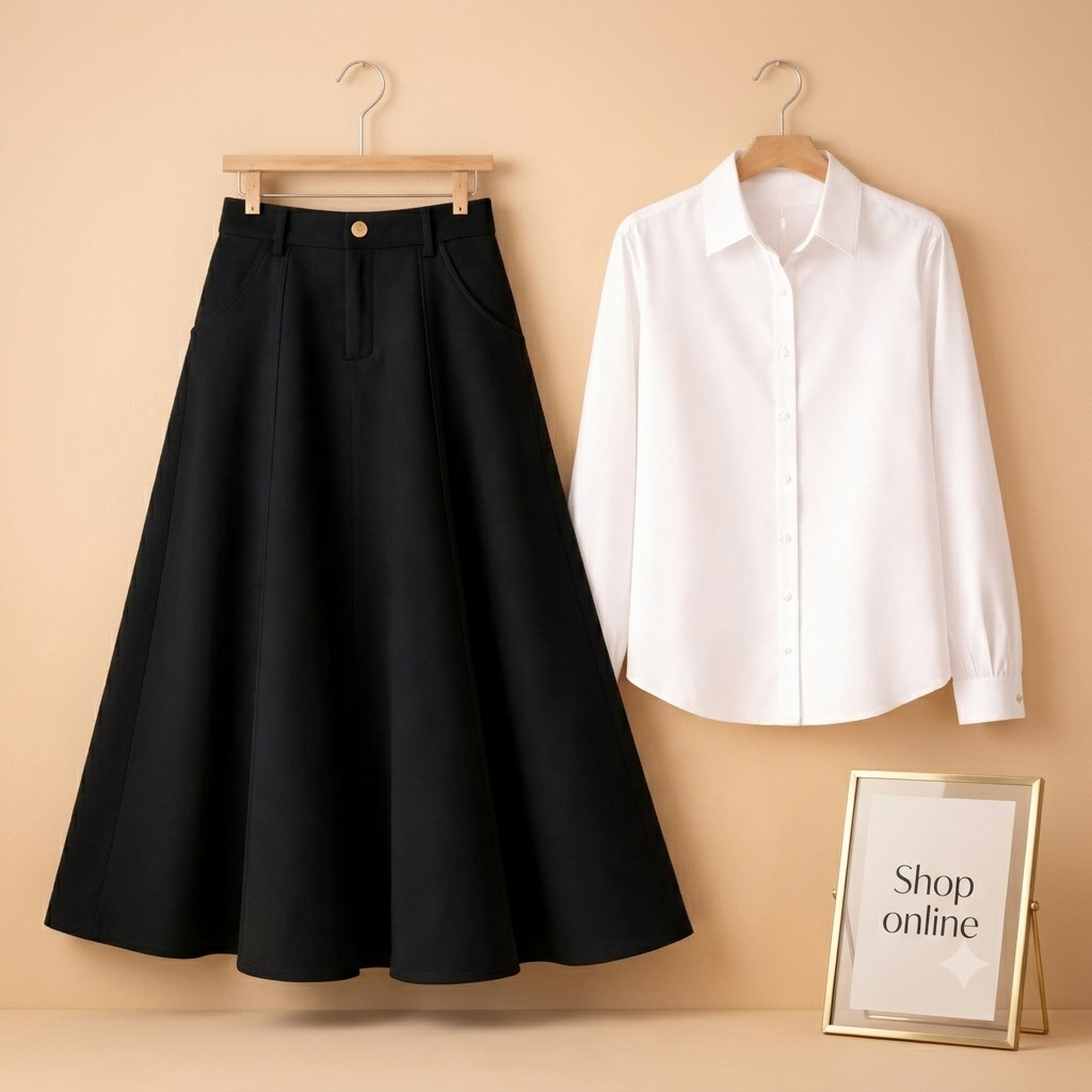 WHITE BUTTON DOWN WITH BLACK TWILL LONG SKIRT