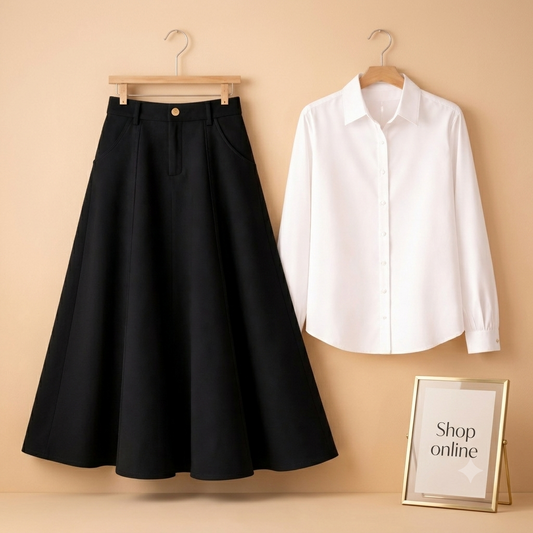 WHITE BUTTON DOWN WITH BLACK TWILL LONG SKIRT