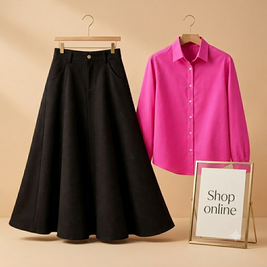 SHOCKING PINK BUTTON DOWN WITH BLACK TWILL LONG SKIRT