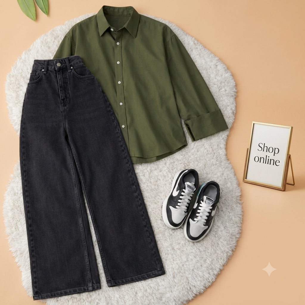 OLIVE GREEN BUTTON SHIRT WITH BLACK WIDE LEG JEANS