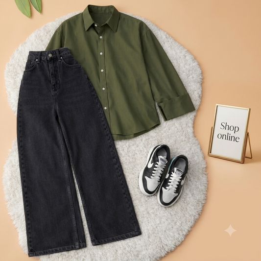 OLIVE GREEN BUTTON SHIRT WITH BLACK WIDE LEG JEANS