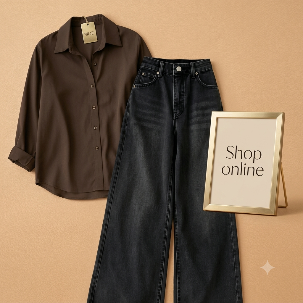 OLIVE GREEN BUTTON SHIRT WITH BLACK WIDE LEG JEANS