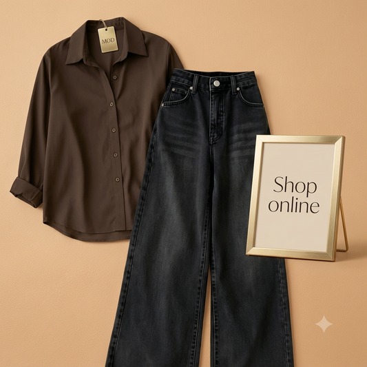 OLIVE GREEN BUTTON SHIRT WITH BLACK WIDE LEG JEANS