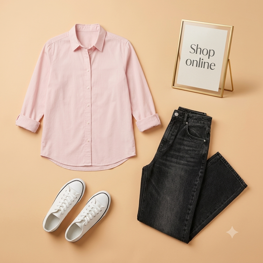 PINK BUTTON SHIRT WITH BLACK MALAYSIAN WIDE LEG JEANS