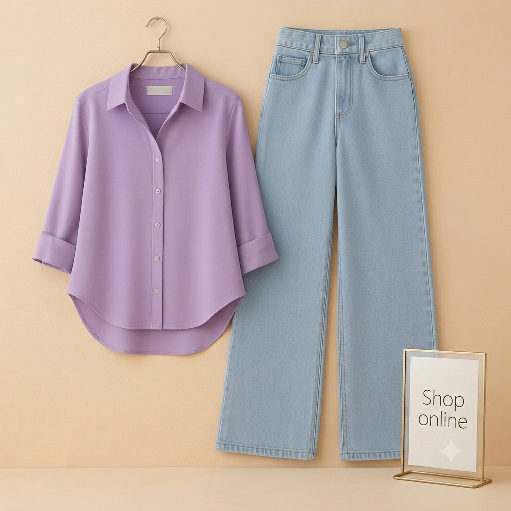 LILAC BUTTON SHIRT WITH SKY BLUE WIDE LEG JEANS