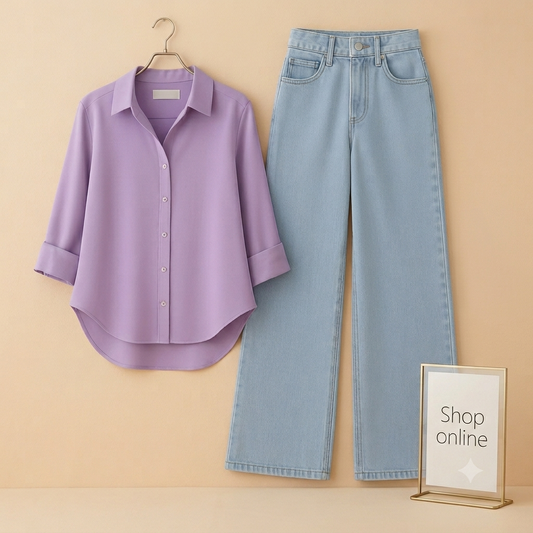 LILAC BUTTON SHIRT WITH SKY BLUE WIDE LEG JEANS