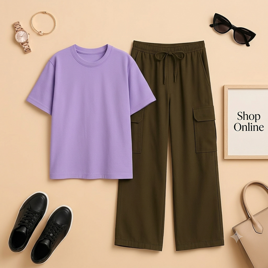 LILAC TSHIRT WITH BROWN CARGO TROUSER