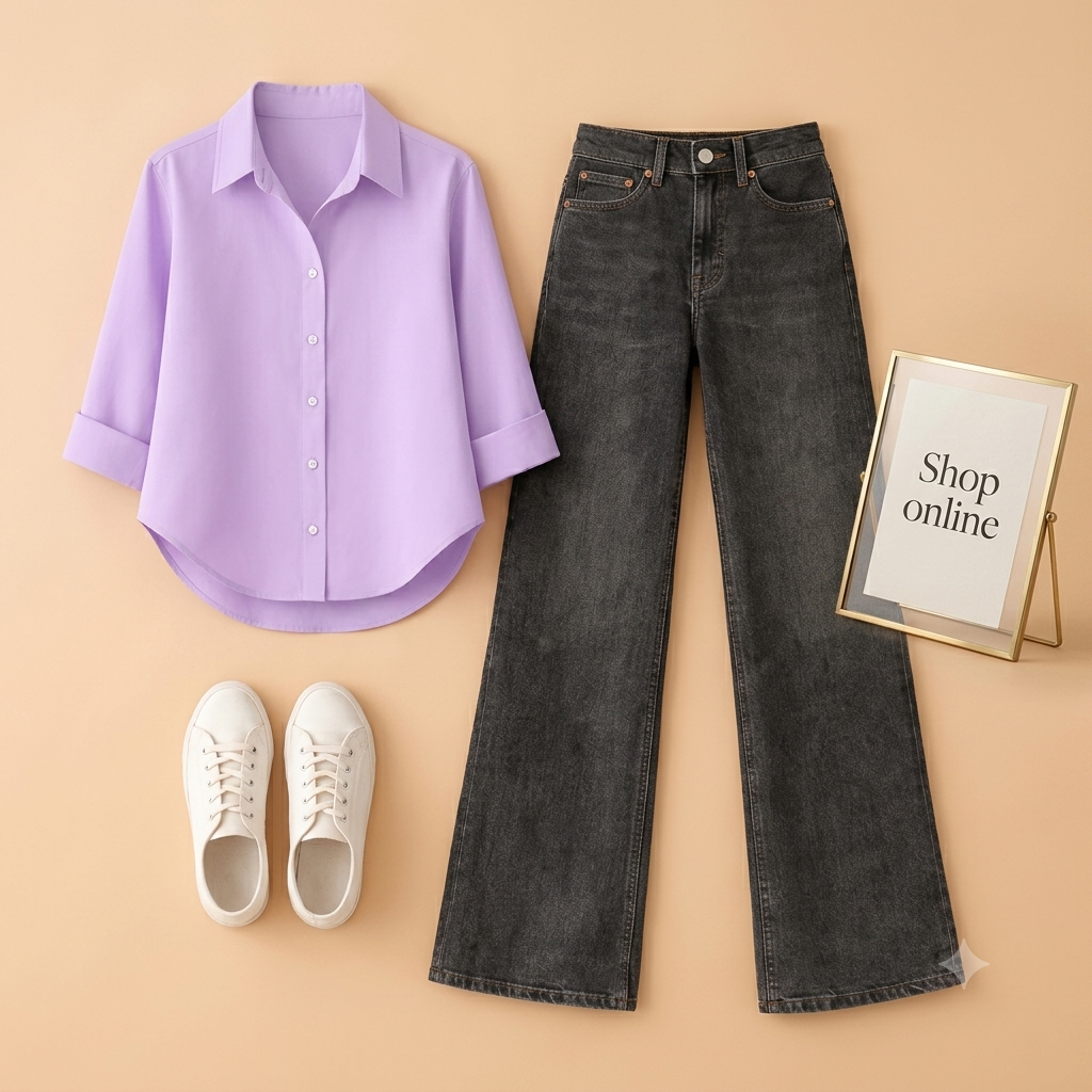 LILAC BUTTON SHIRT WITH BLACK MALAYSIAN WIDE LEG JEANS