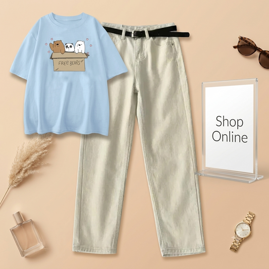 SKY BLUE TEE FREE BEARS WITH WHITE MOM JEANS