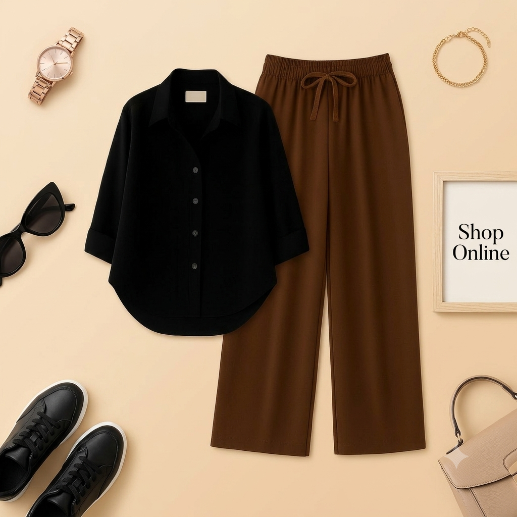 BLACK BUTTON SHIRT WITH BROWN FLAPPER