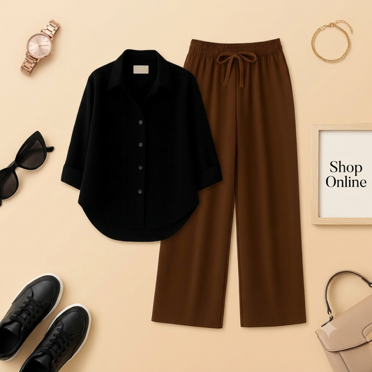 BLACK BUTTON SHIRT WITH BROWN FLAPPER