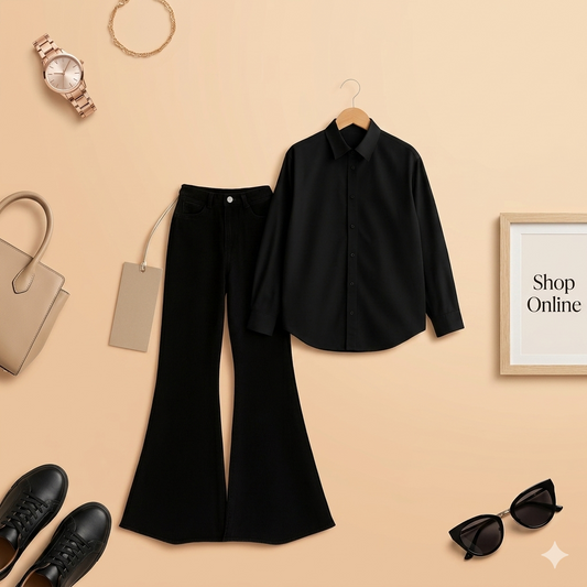 BLACK BUTTON DOWN SHIRT WITH BLACK BELL BOTTOM JEANS
