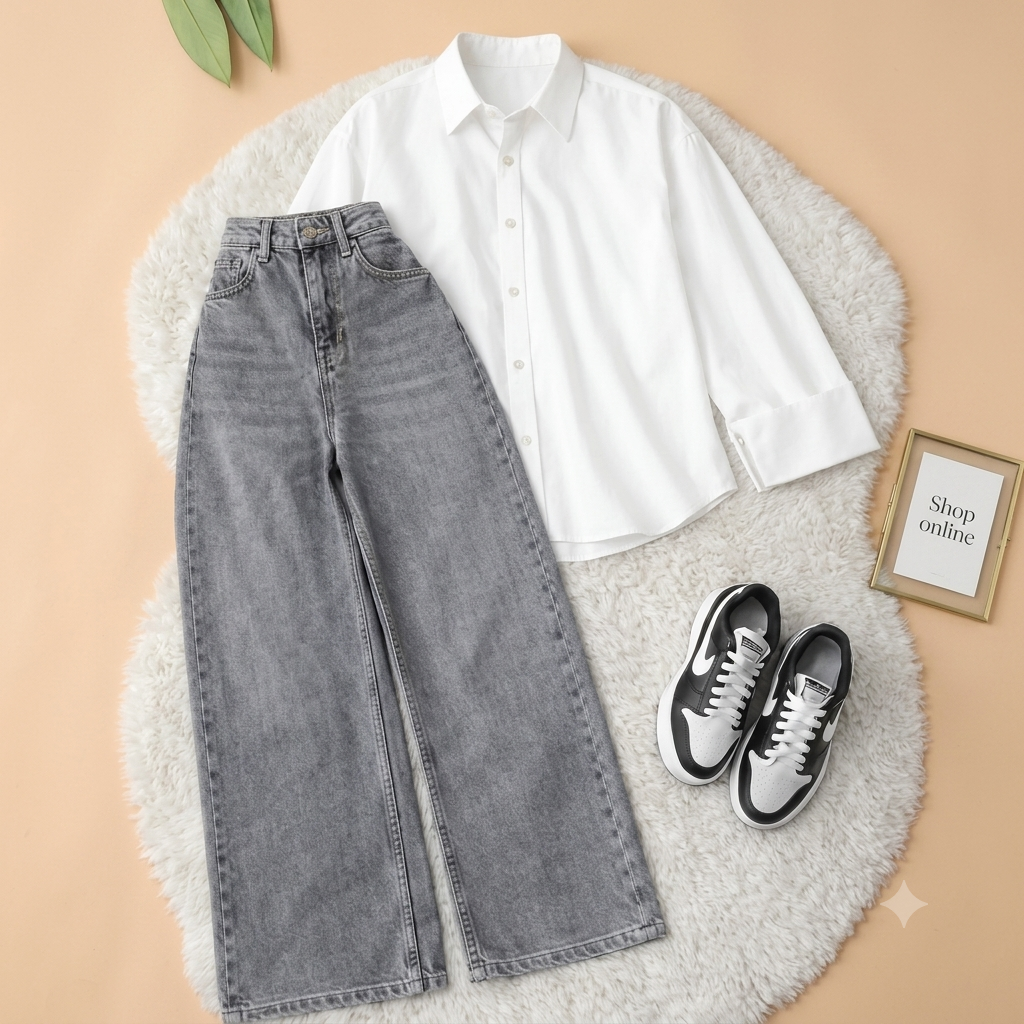 WHITE BUTTON SHIRT WITH CHARCOAL WIDE LEG JEANS
