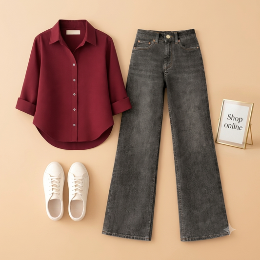 MAROON BUTTON SHIRT WITH BLACK MALAYSIAN WIDE LEG JEANS (Copy)