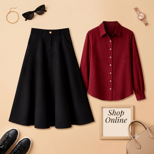 MAROON BUTTON DOWN WITH BLACK TWILL LONG SKIRT