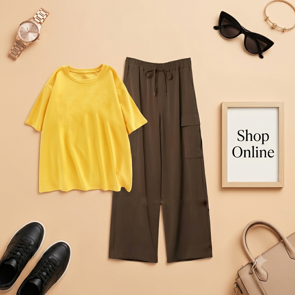 YELLOW TSHIRT WITH BROWN CARGO TROUSER