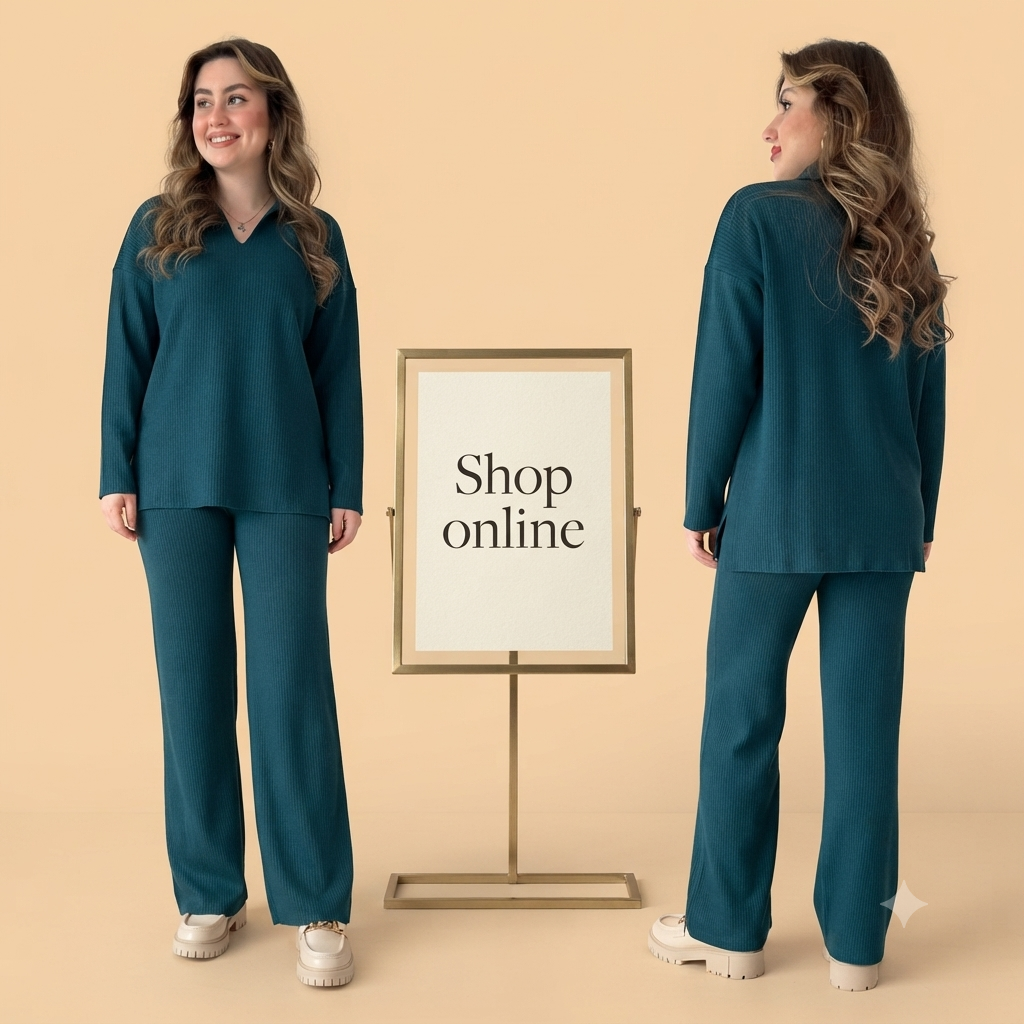 RIB KNIT PETROLEUM BLUE TRACKSUIT V NECK