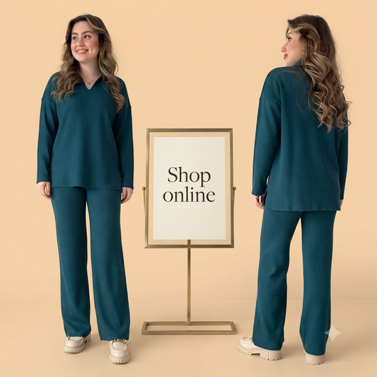 RIB KNIT PETROLEUM BLUE TRACKSUIT V NECK