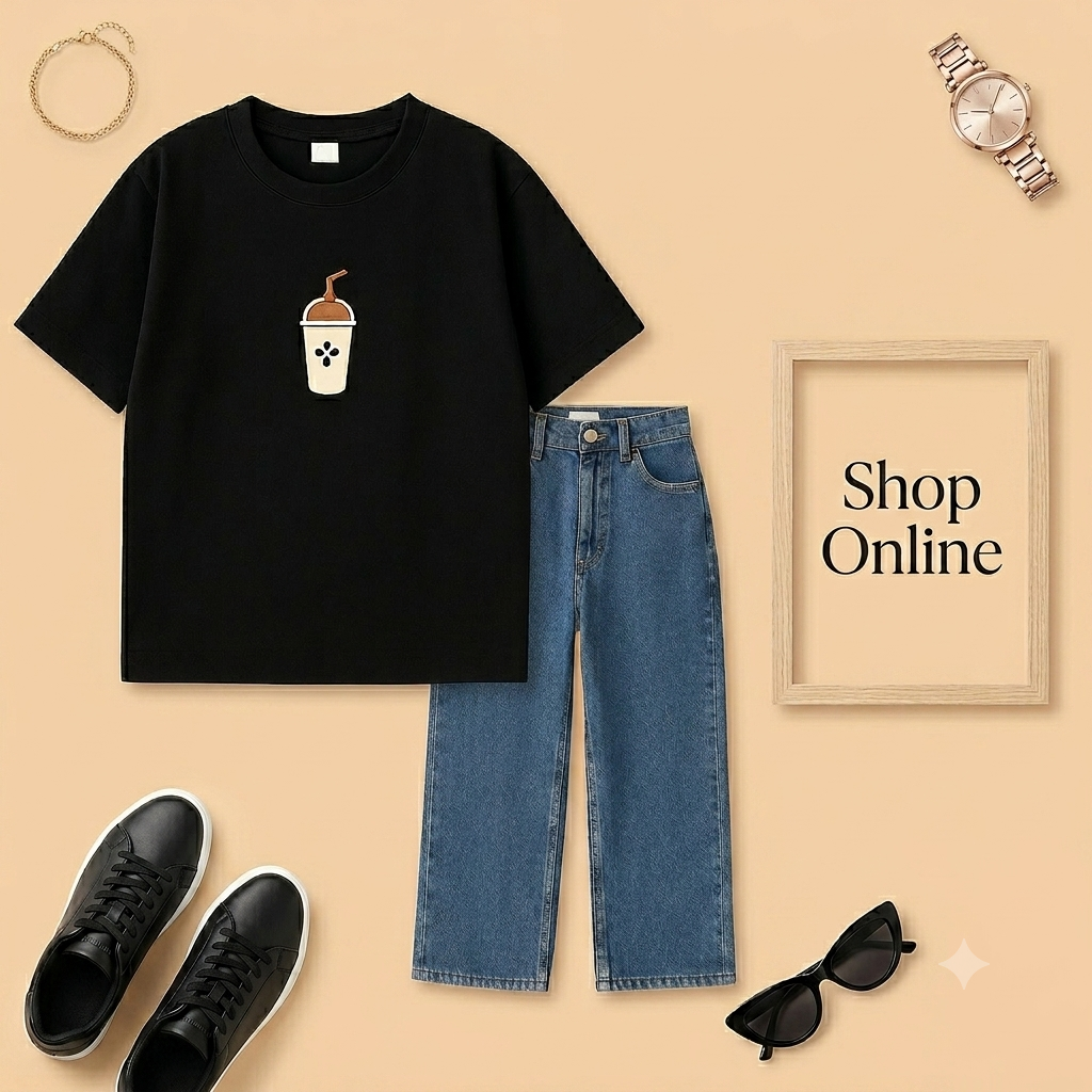 BLACK TSHIRT NEW COFFEE CUP WITH MID BLUE WIDE LEG JEANS