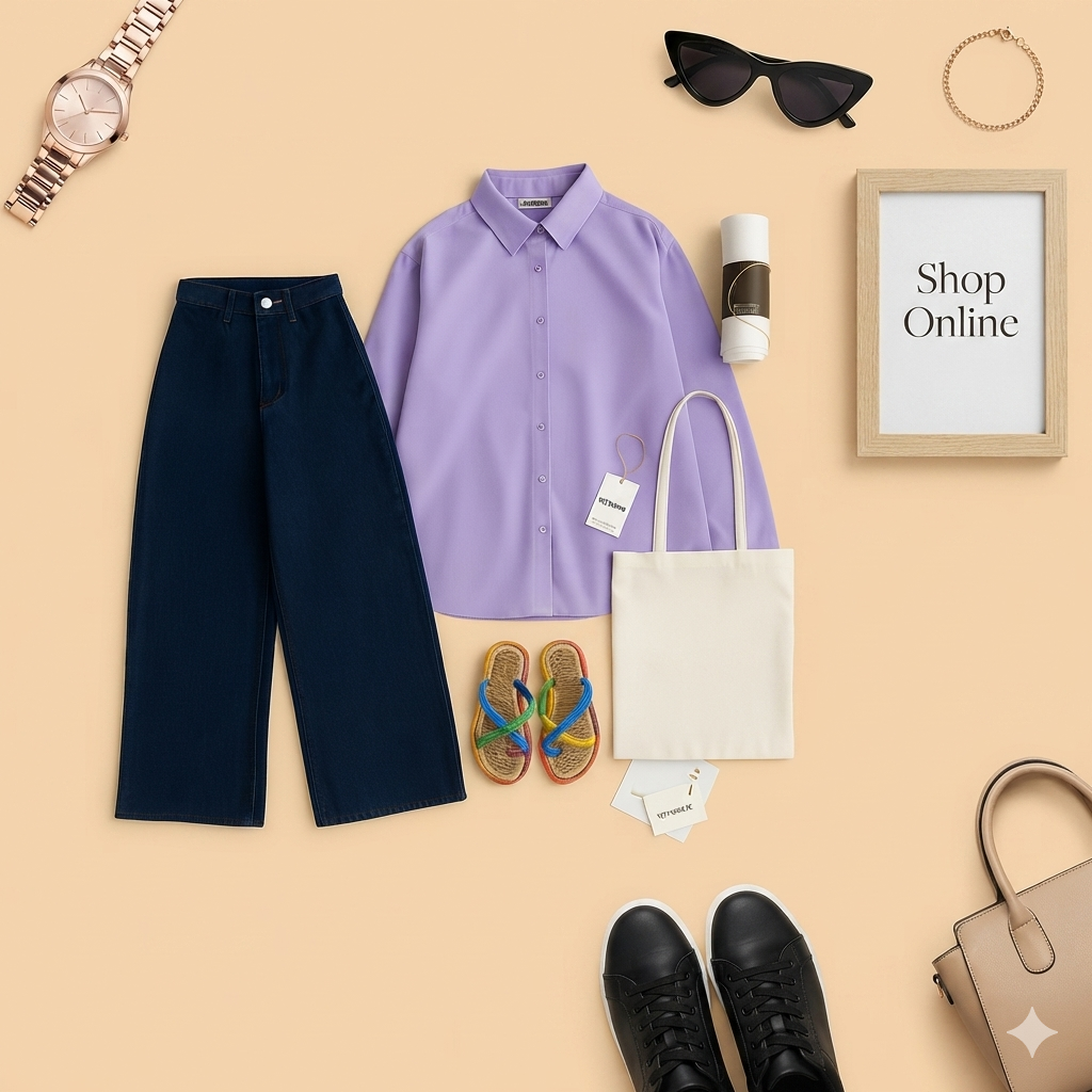 LILAC BUTTON DOWN SHIRT WITH MID BLUE WIDE LEG JEANS