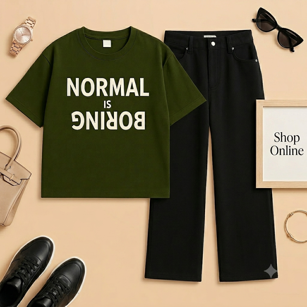 OLIVE GREEN TSHIRT NORMAL IS BORING WITH BLACK WIDE LEG JEANS