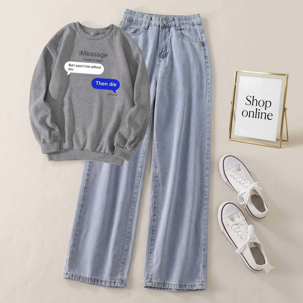 TEXT MESSAGE GREY SWEATSHIRT WITH ICE BLUE WIDE LEG JEANS