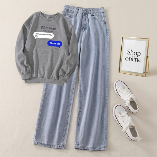TEXT MESSAGE GREY SWEATSHIRT WITH ICE BLUE WIDE LEG JEANS