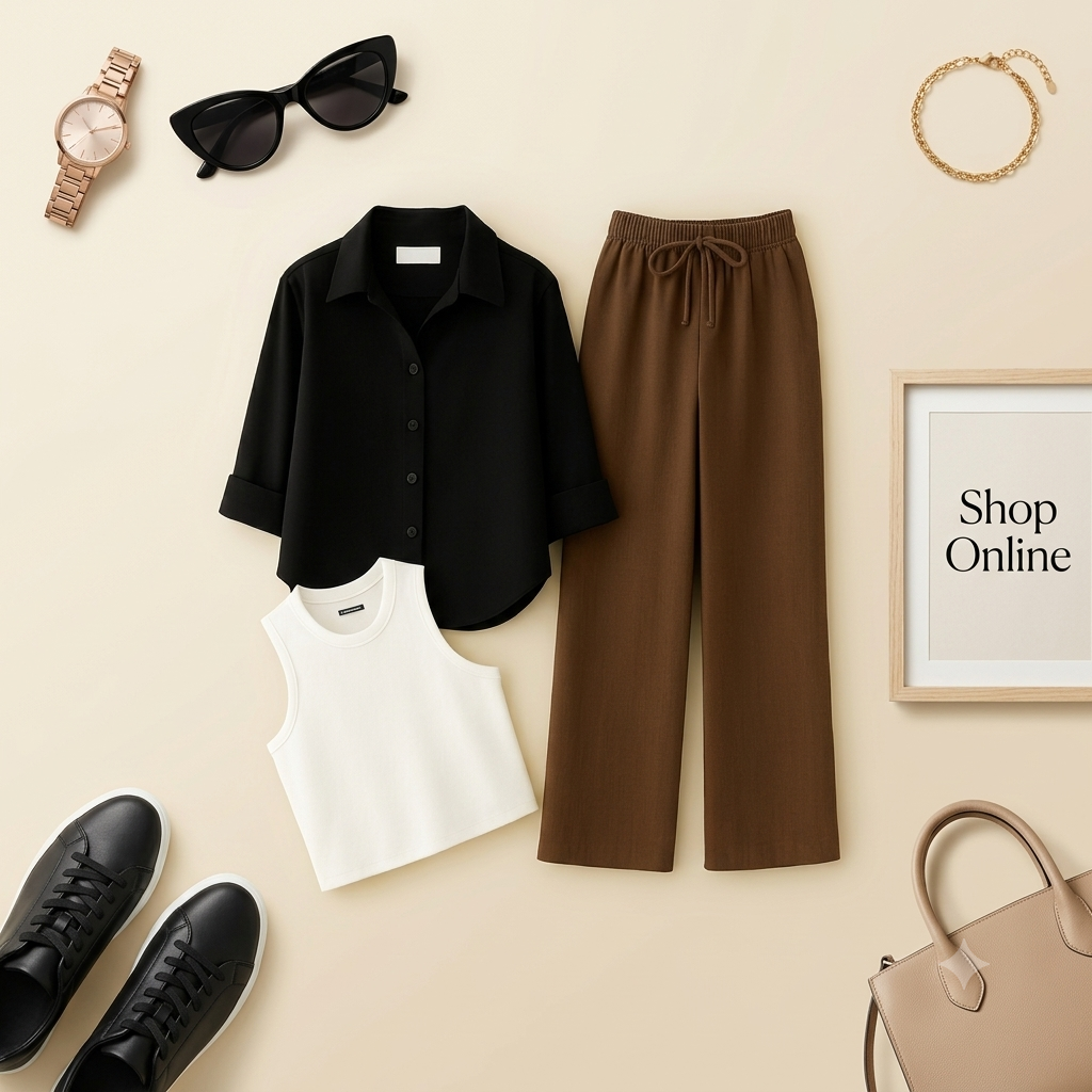 BLACK BUTTON WITH BROWN FLAPPER AND WHITE TANK TOP