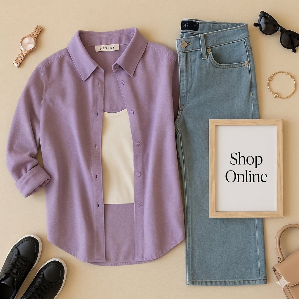 LILAC BUTTON DOWN SHIRT WITH INNER AND ICE BLUE WIDE LEG JEANS