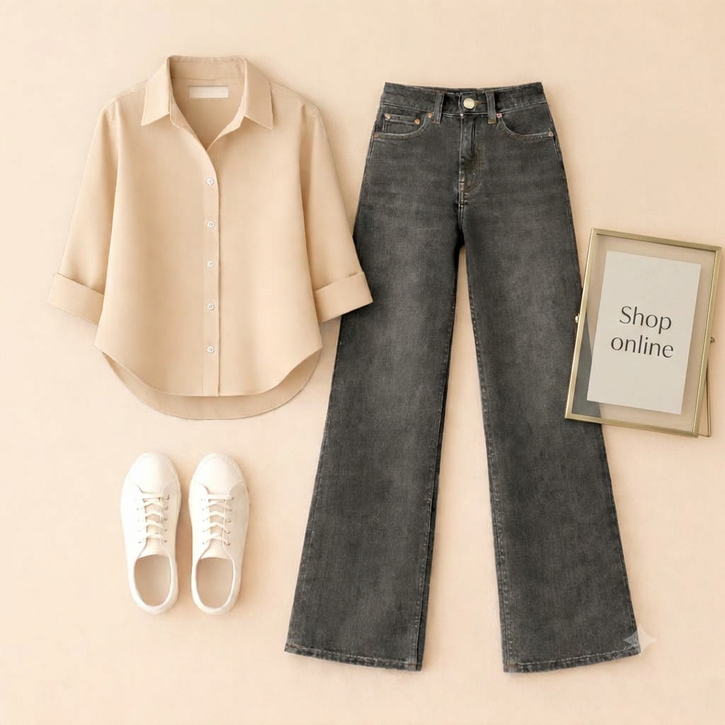 BEIGE BUTTON SHIRT WITH BLACK MALAYSIAN WIDE LEG JEANS