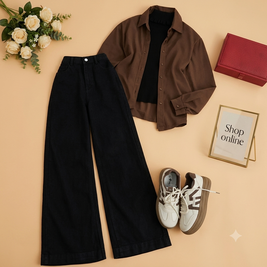 BROWN BUTTON DOWN SHIRT WITH BLACK INNER AND BLACK WIDE LEG JEANS