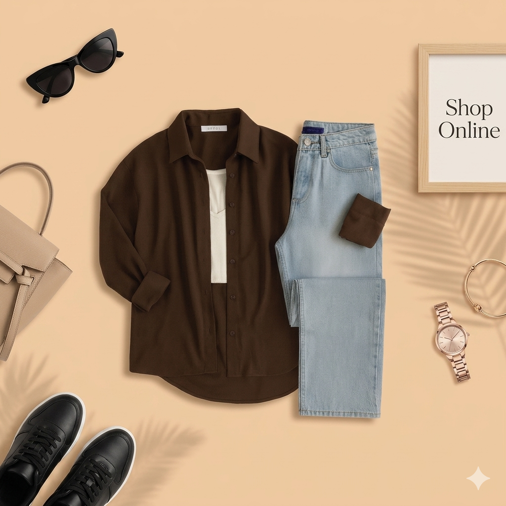 BROWN BUTTON DOWN SHIRT WITH INNER AND ICE BLUE MOM JEANS