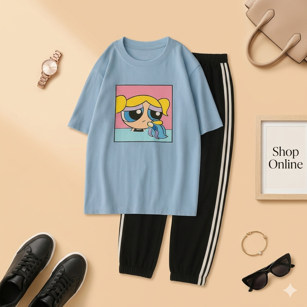 SKY BLUE TSHIRT CRYING POWERPUFF WITH 3 STRIPES TROUSER