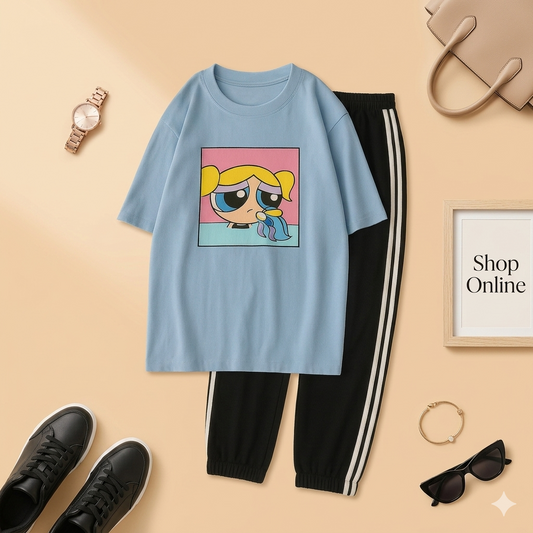 SKY BLUE TSHIRT CRYING POWERPUFF WITH 3 STRIPES TROUSER