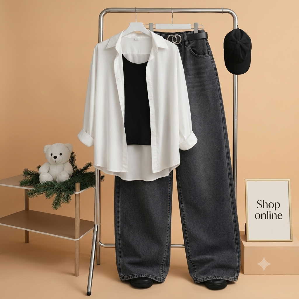 WHITE BUTTON DOWN SHIRT WITH BLACK INNER AND MALAYSIAN BLACK  WIDE LEG JEANS