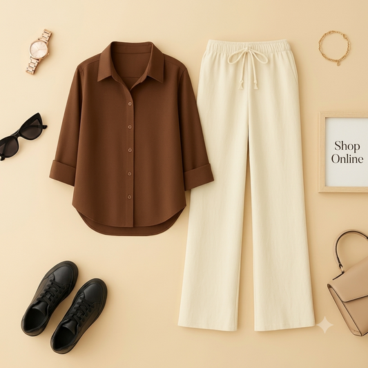 BROWN BUTTON SHIRT WITH BEIGE FLAPPER