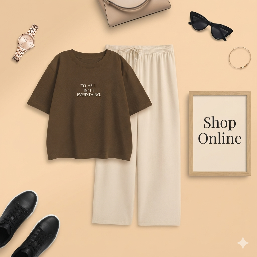 TO HELL BROWN TSHIRT WITH BEIGE FLAPPER