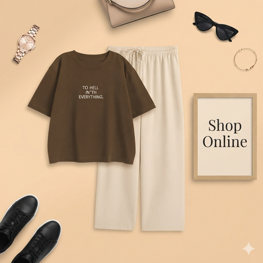 TO HELL BROWN TSHIRT WITH BEIGE FLAPPER