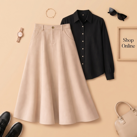 BLACK BUTTON DOWN WITH BEIGE TWILL LONG SKIRT