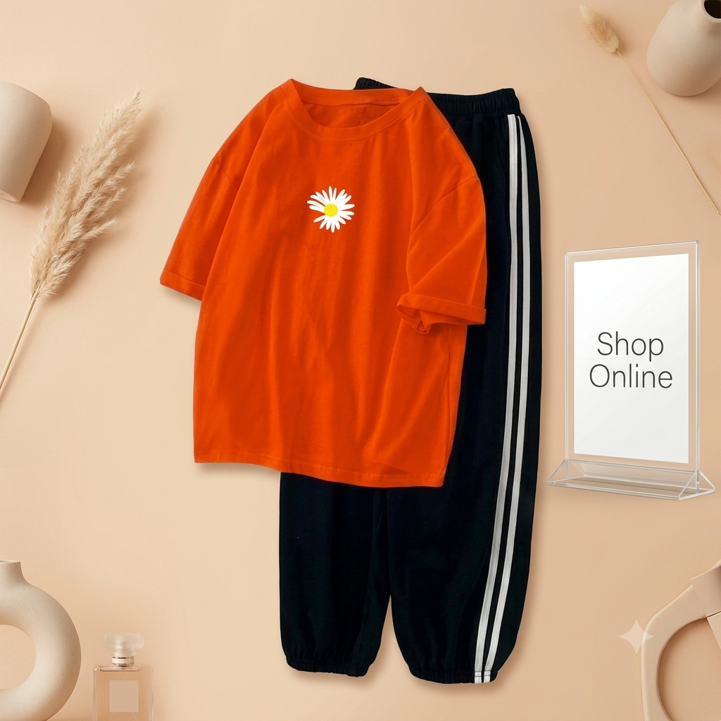RED TEE WITH SUNFLOWER CENTRE WITH 3 STRIPE TROUSER