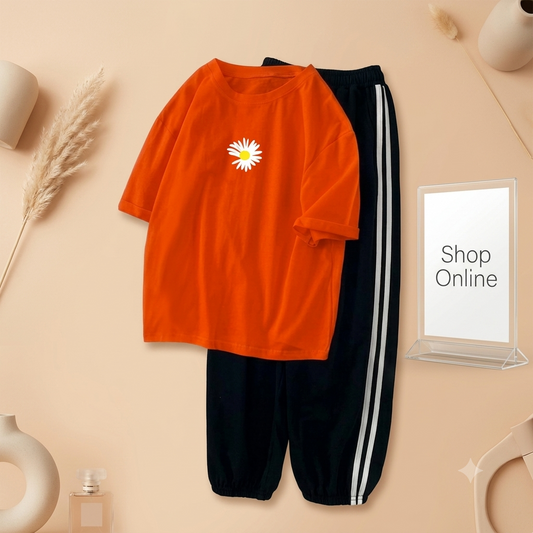 RED TEE WITH SUNFLOWER CENTRE WITH 3 STRIPE TROUSER