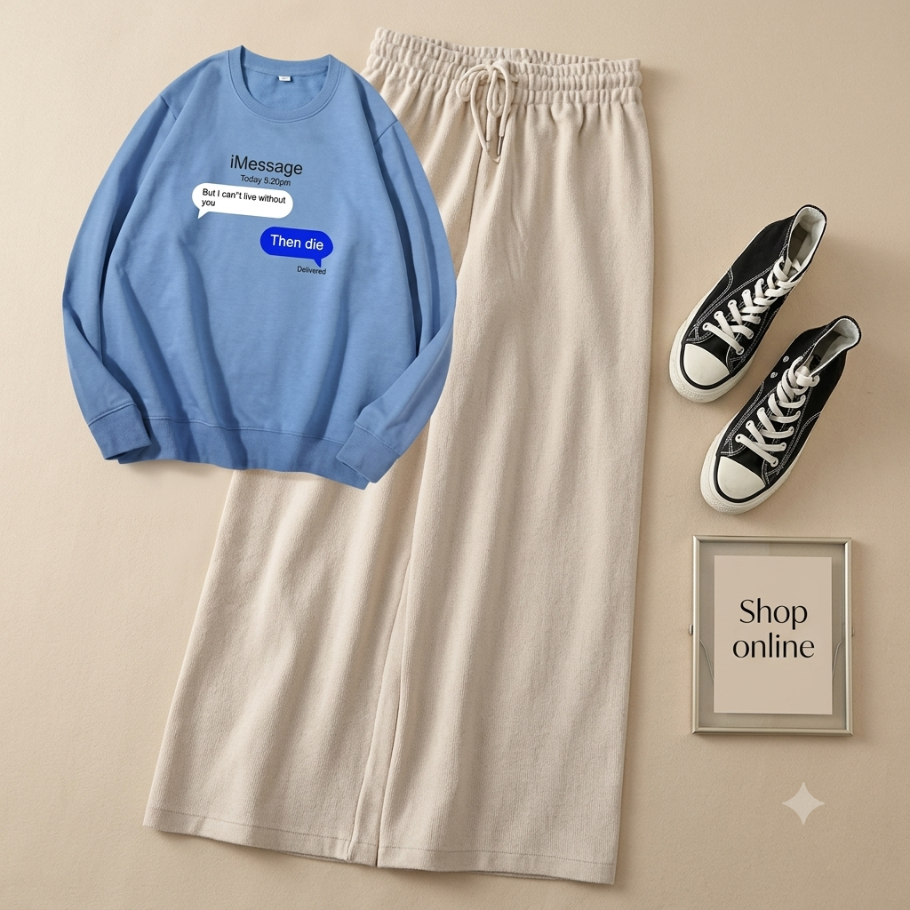 TEXT MSG SKY BLUE SWEATSHIRT WITH BEIGE FLAPPER