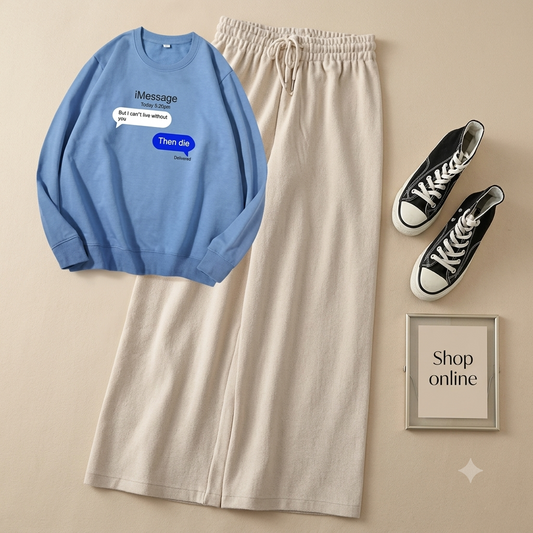 TEXT MSG SKY BLUE SWEATSHIRT WITH BEIGE FLAPPER