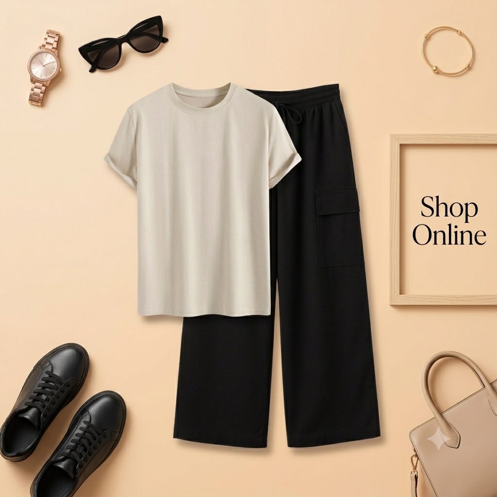 BEIGE TSHIRT WITH BLACK CARGO TROUSER