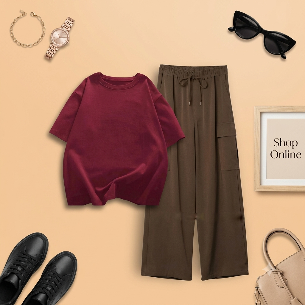 MAROON TSHIRT WITH BROWN CARGO TROUSER