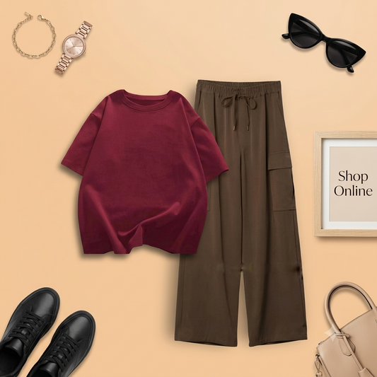 MAROON TSHIRT WITH BROWN CARGO TROUSER