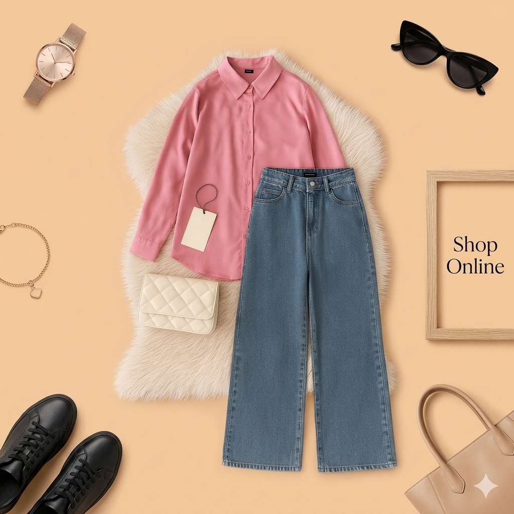 PINK BUTTON DOWN SHIRT WITH SKY BLUE WIDE LEG JEANS
