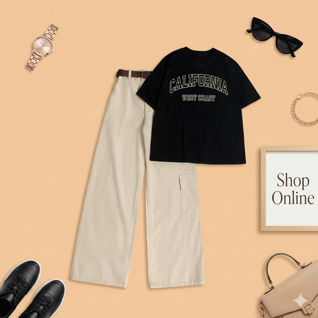BLACK TSHIRT CALIFORNIA WEST COAST WITH WHITE WIDE LEG JEANS