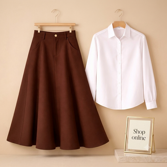 WHITE BUTTON DOWN WITH BROWN TWILL LONG SKIRT